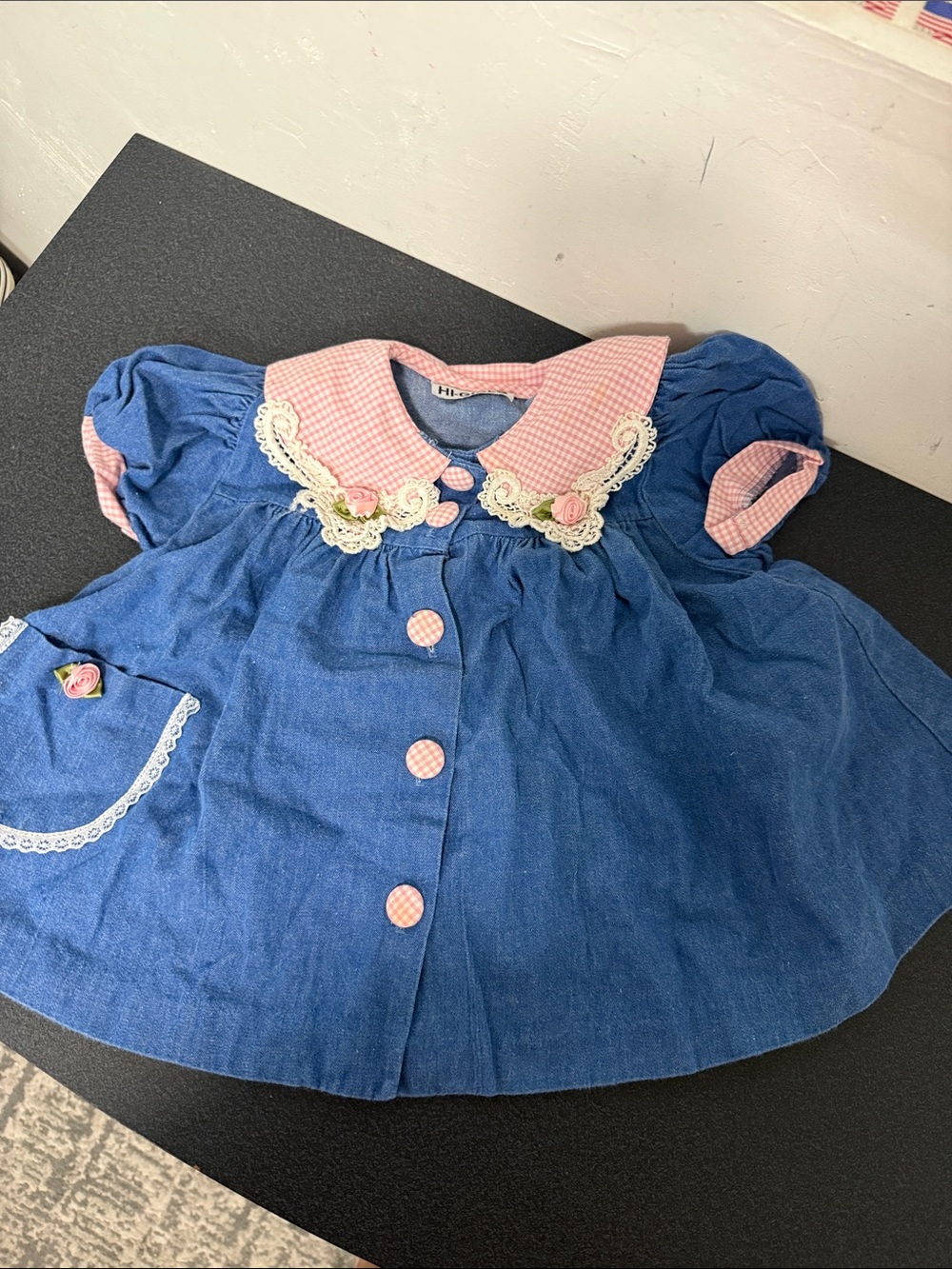 Blue Denim Toddler Dress with Pink Gingham Collar 90’s